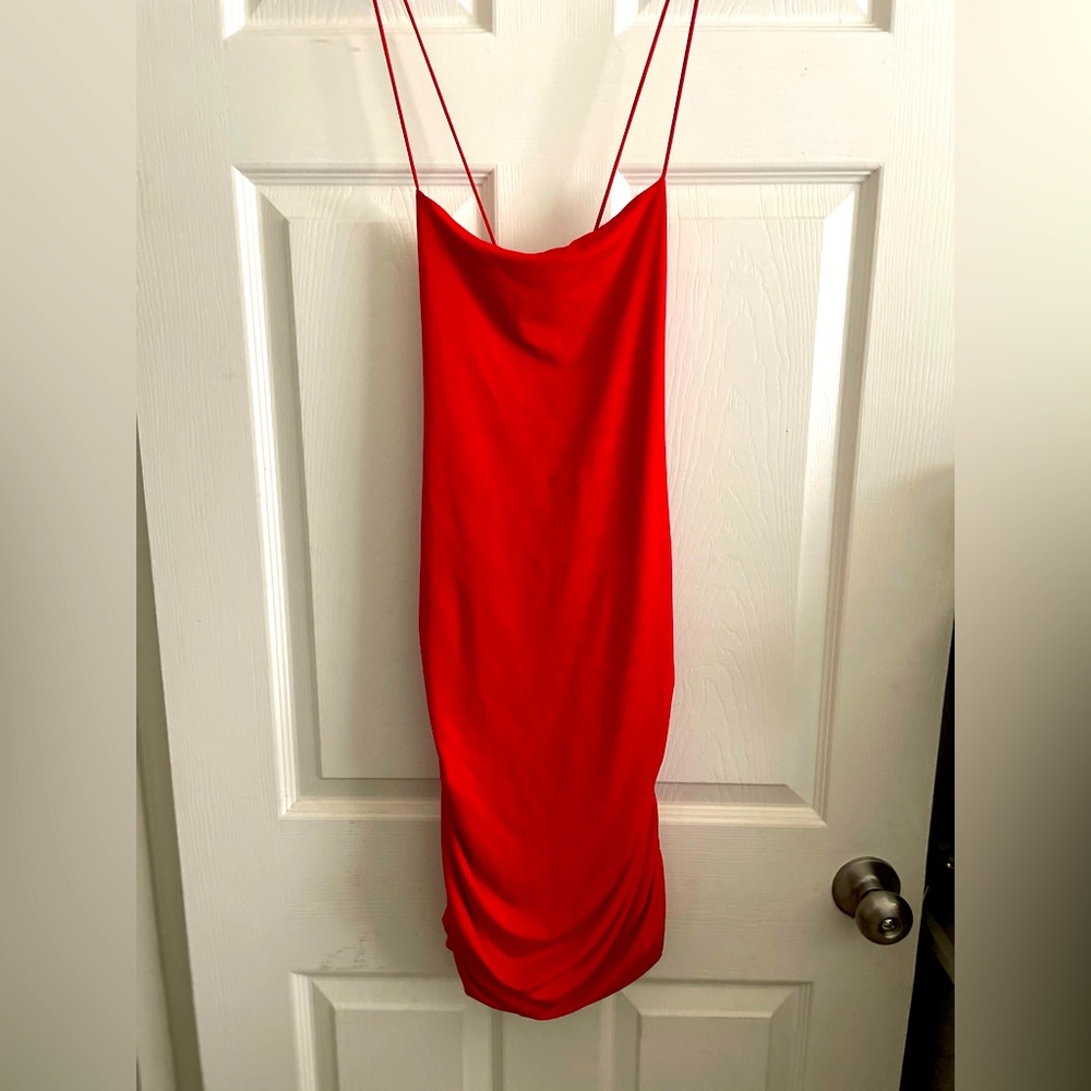 Red cowl neck mini dress